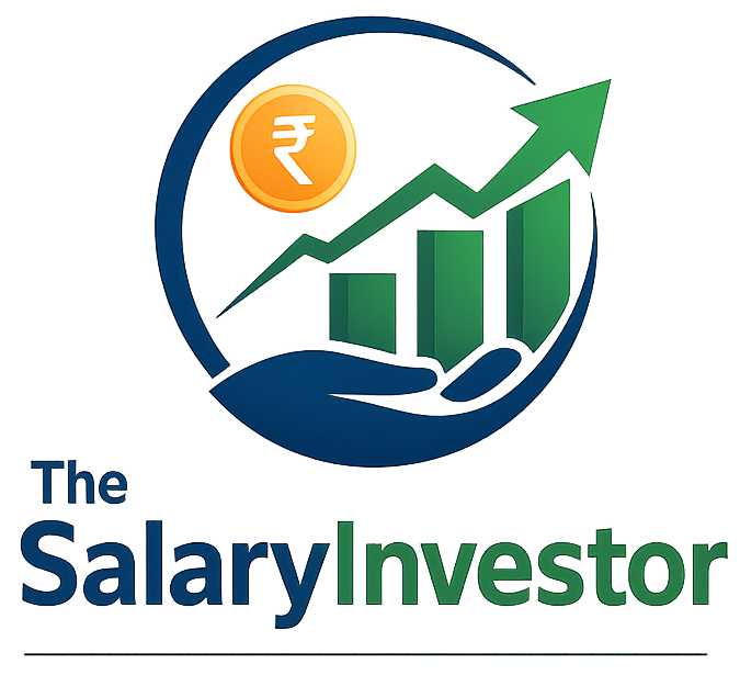 The Salary Investor logo featuring a rising financial growth chart with upward arrow, Indian rupee symbol, and protective hand icon in blue and green colors representing wealth growth, investment, and financial security.